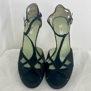 Prada Strappy Blck Suede High Heel Platform Sandals Size 37.5
